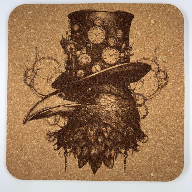 Gentleman Steampunk Raven in Top Hat – Gothic Cork Coaster