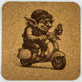 Goblin eating on a Scooter Cork Coaster – Whimsical Fantasy Rider Art