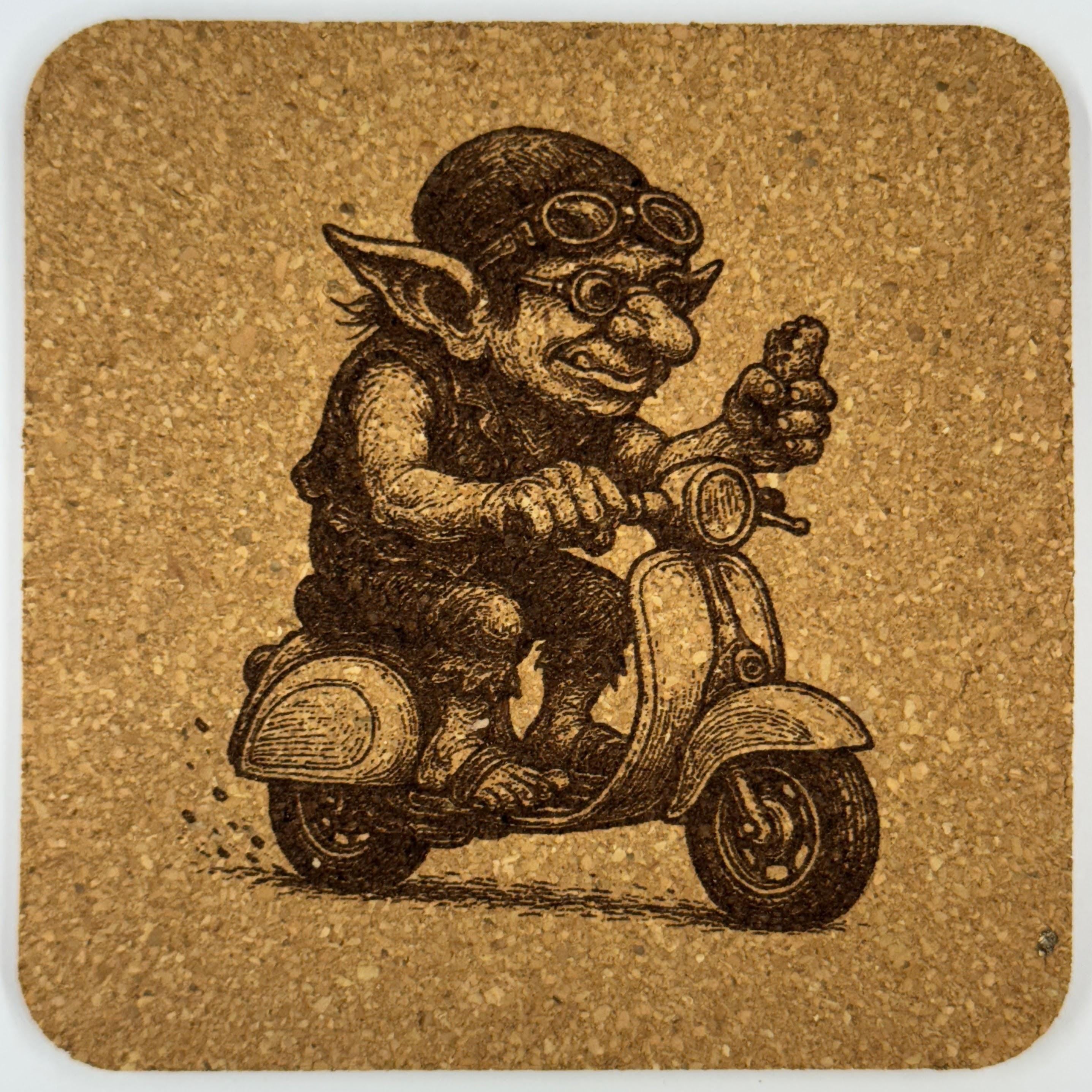 Goblin eating on a Scooter Cork Coaster – Whimsical Fantasy Rider Art