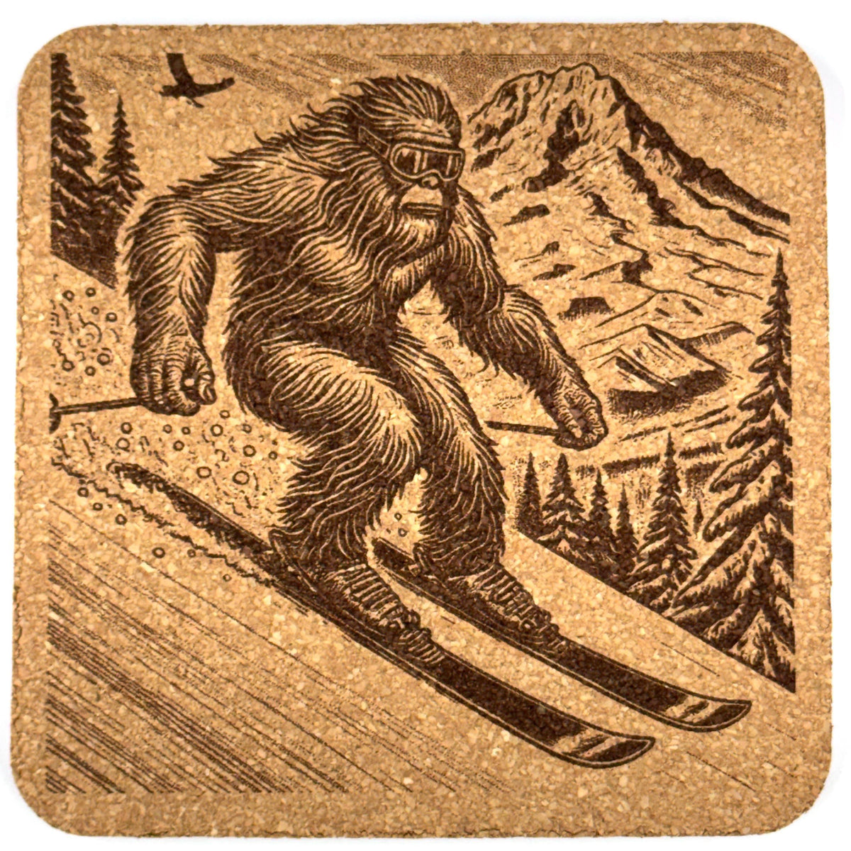 Bigfoot Skiing the Mountains – Winter Adventure Cork Coaster