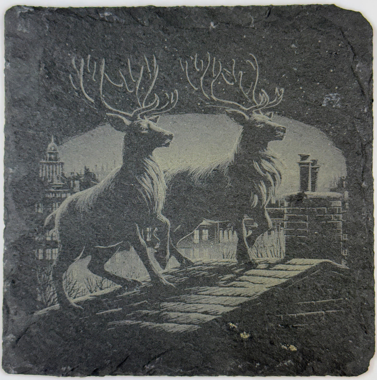 Reindeer Crossing Rooftops Slate Coaster – Vintage Christmas Eve Art
