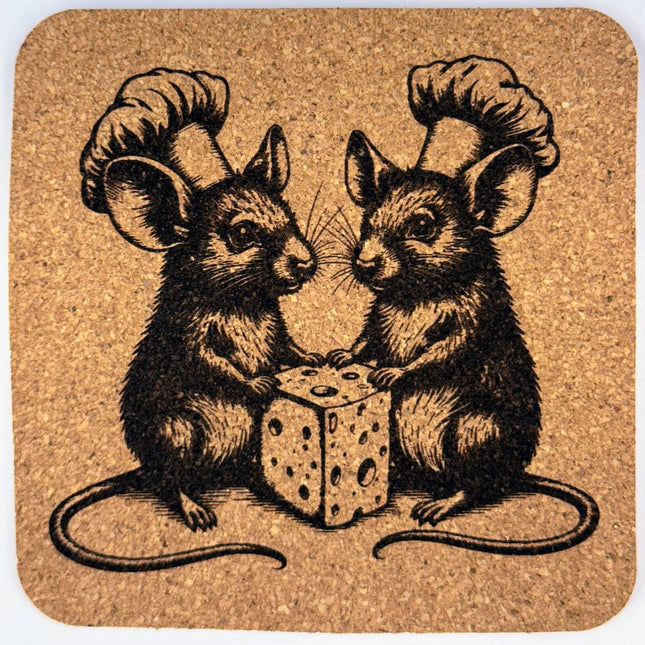 Chef Mice Sharing Cheese – Whimsical Cork Coaster