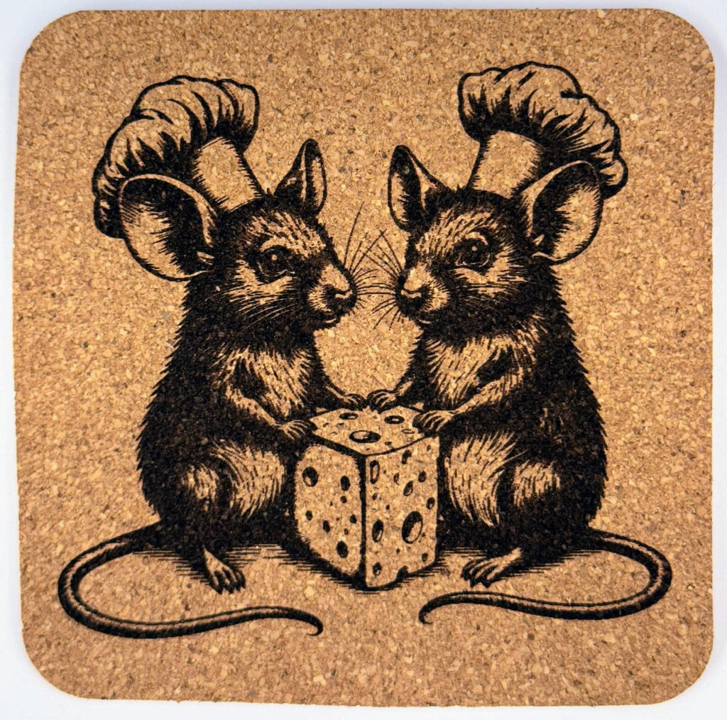 Chef Mice Sharing Cheese – Whimsical Cork Coaster