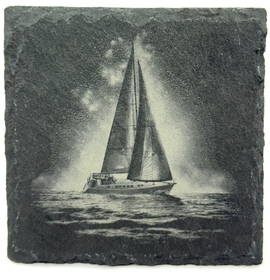 Classic Ocean Sailboat in Motion – Laser Engraved Slate Coaster