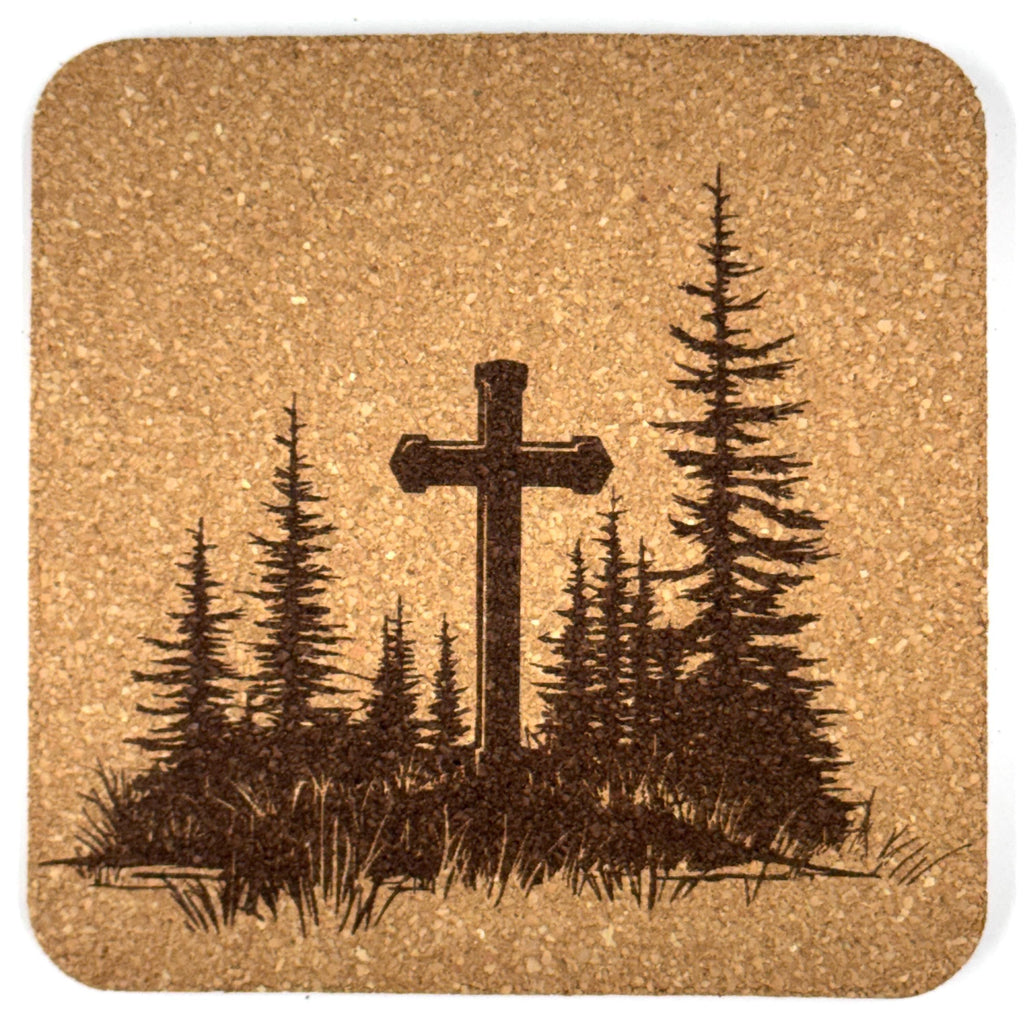 Evergreen Forest Cross Laser Engraved Cork Coaster