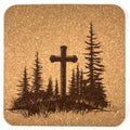 Evergreen Forest Cross Laser Engraved Cork Coaster