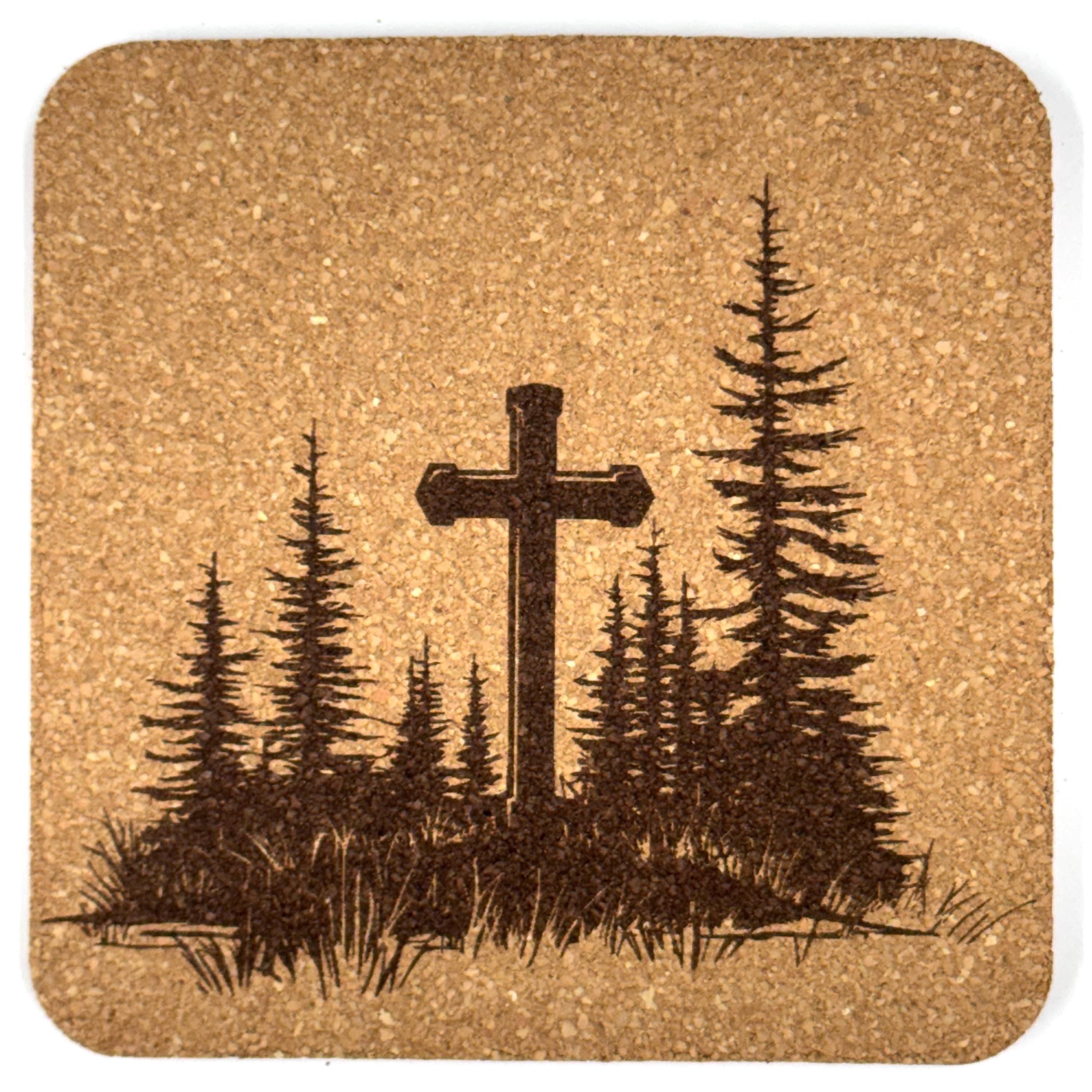 Evergreen Forest Cross Laser Engraved Cork Coaster