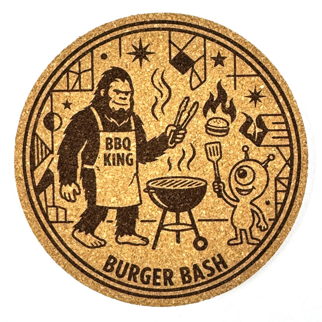 Bigfoot BBQ King Coaster, Funny Sasquatch Grilling Engraved Cork Coaster