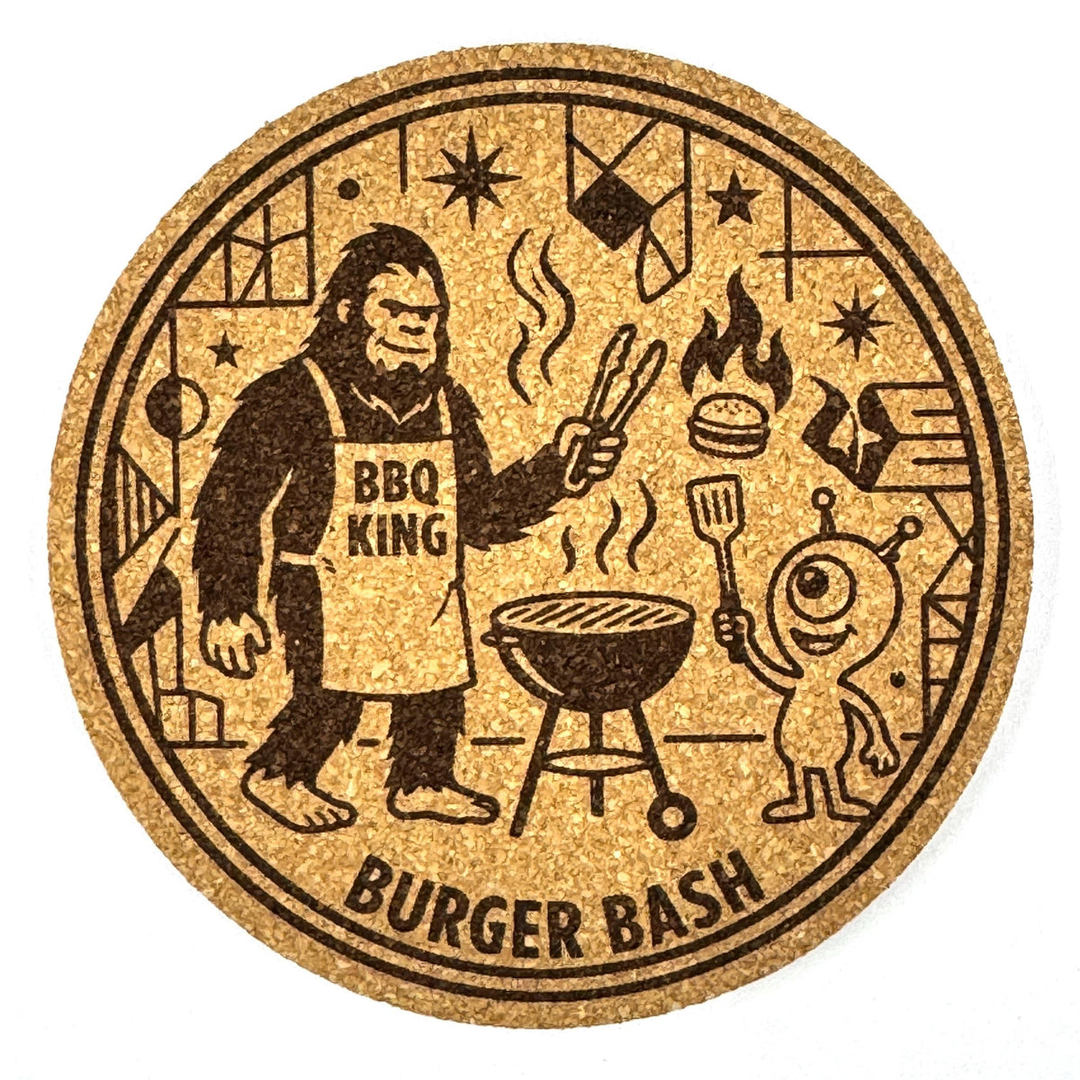 Bigfoot BBQ King Coaster, Funny Sasquatch Grilling Engraved Cork Coaster