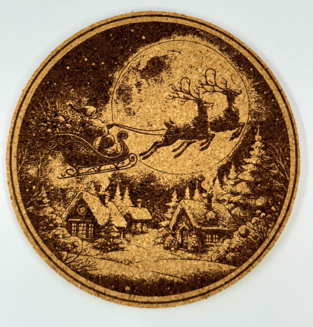 Santa Sleigh Flight Cork Coaster – Classic Christmas Night Scene