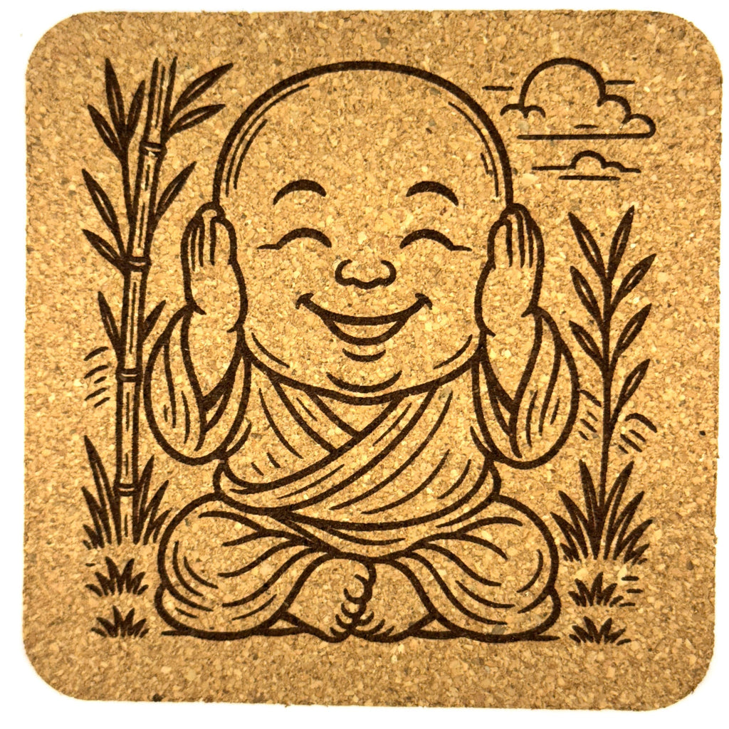 Hear No Evil Baby Buddha Cork Coaster – Calm Meditation Art