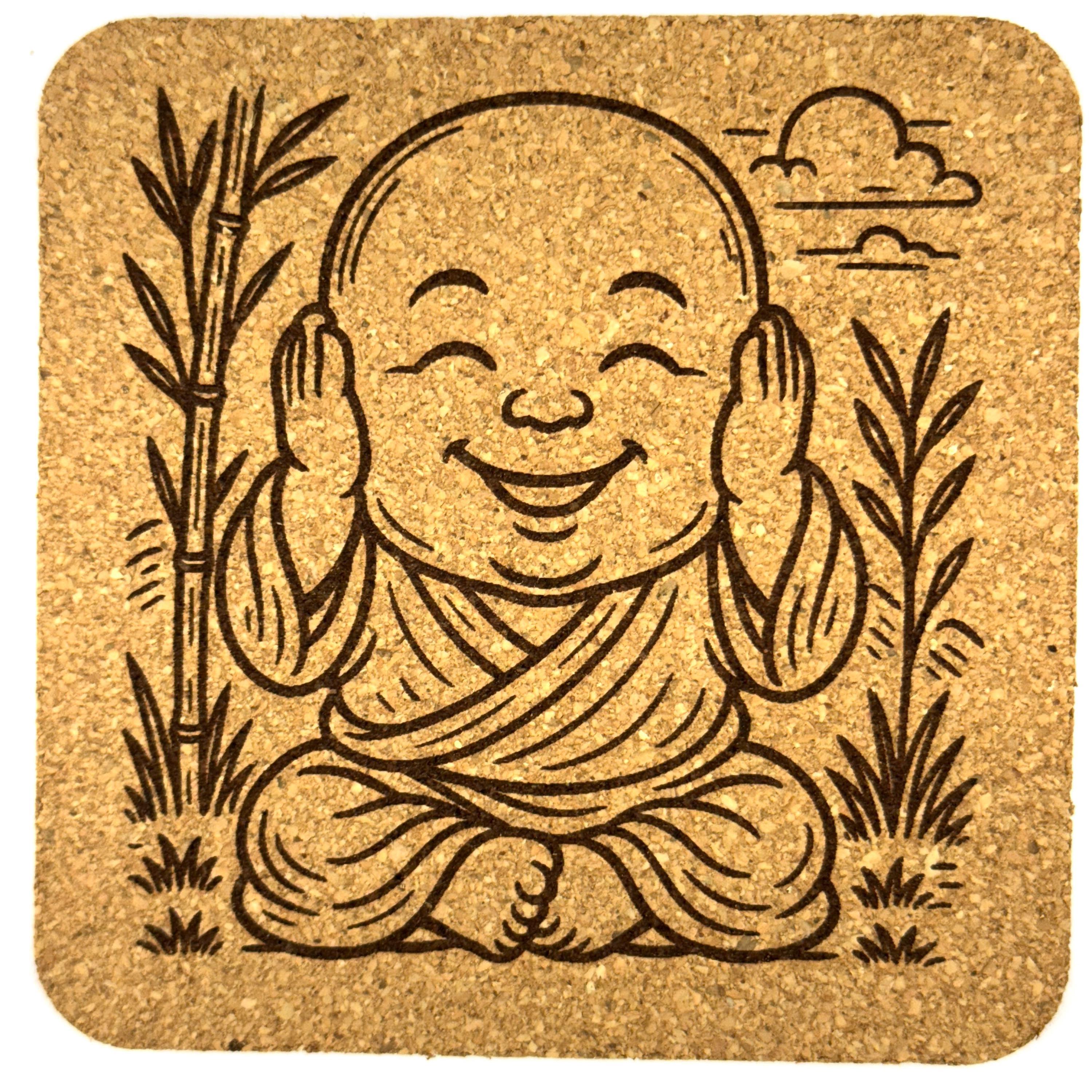 Hear No Evil Baby Buddha Cork Coaster – Calm Meditation Art