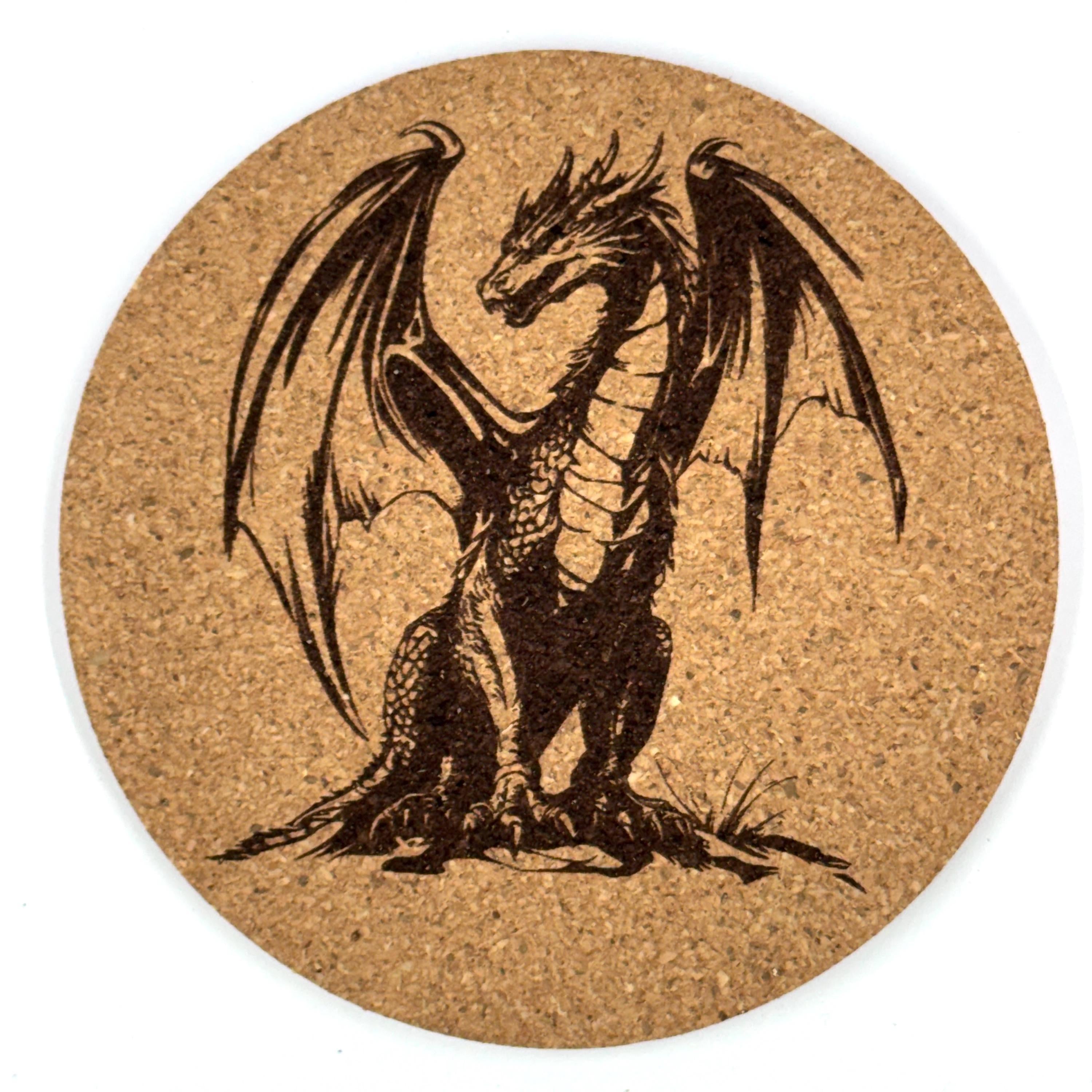 Standing Sentinel Dragon Round Laser Engraved Cork Coaster