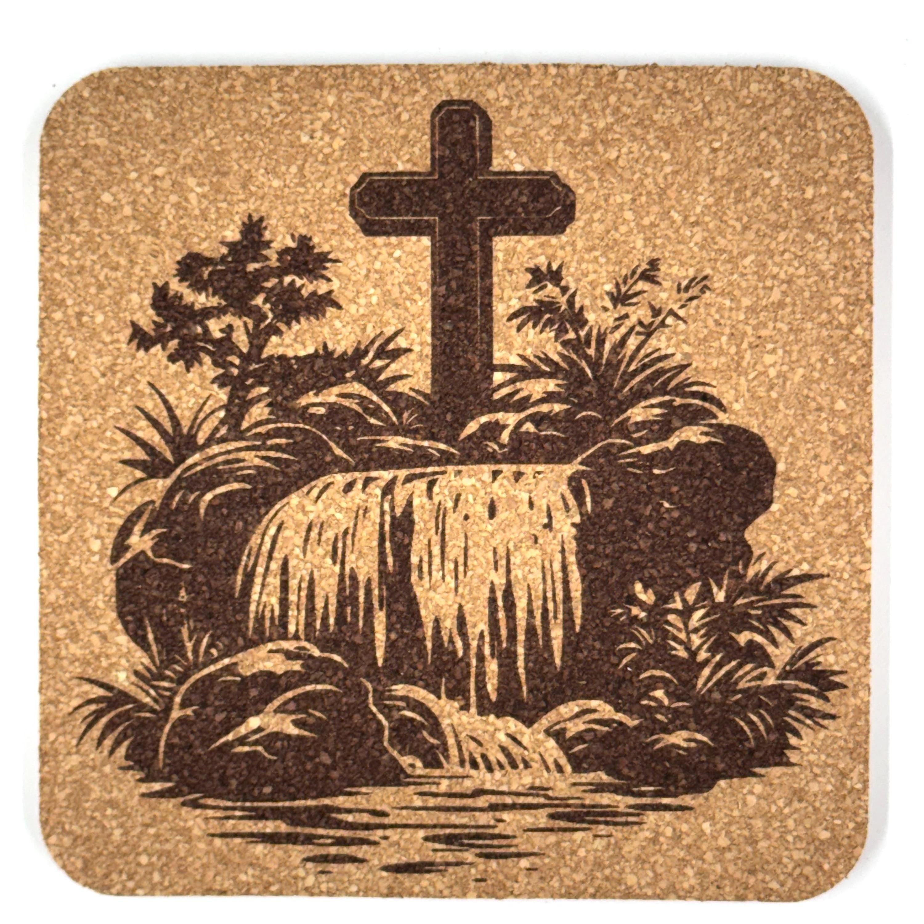 Waterfall Garden Cross Laser Engraved Cork Coaster