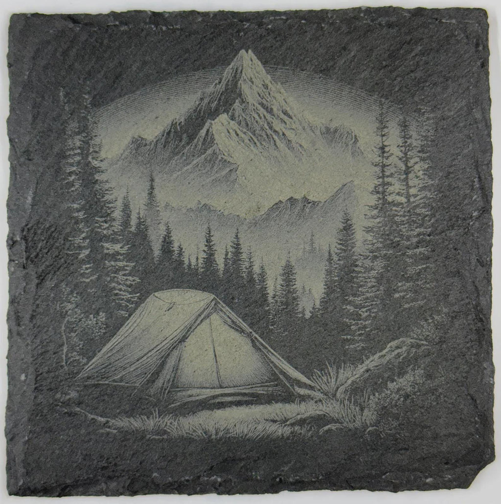 Moonlit Mountain Camp Slate Coaster – Forest Tent Night Scene