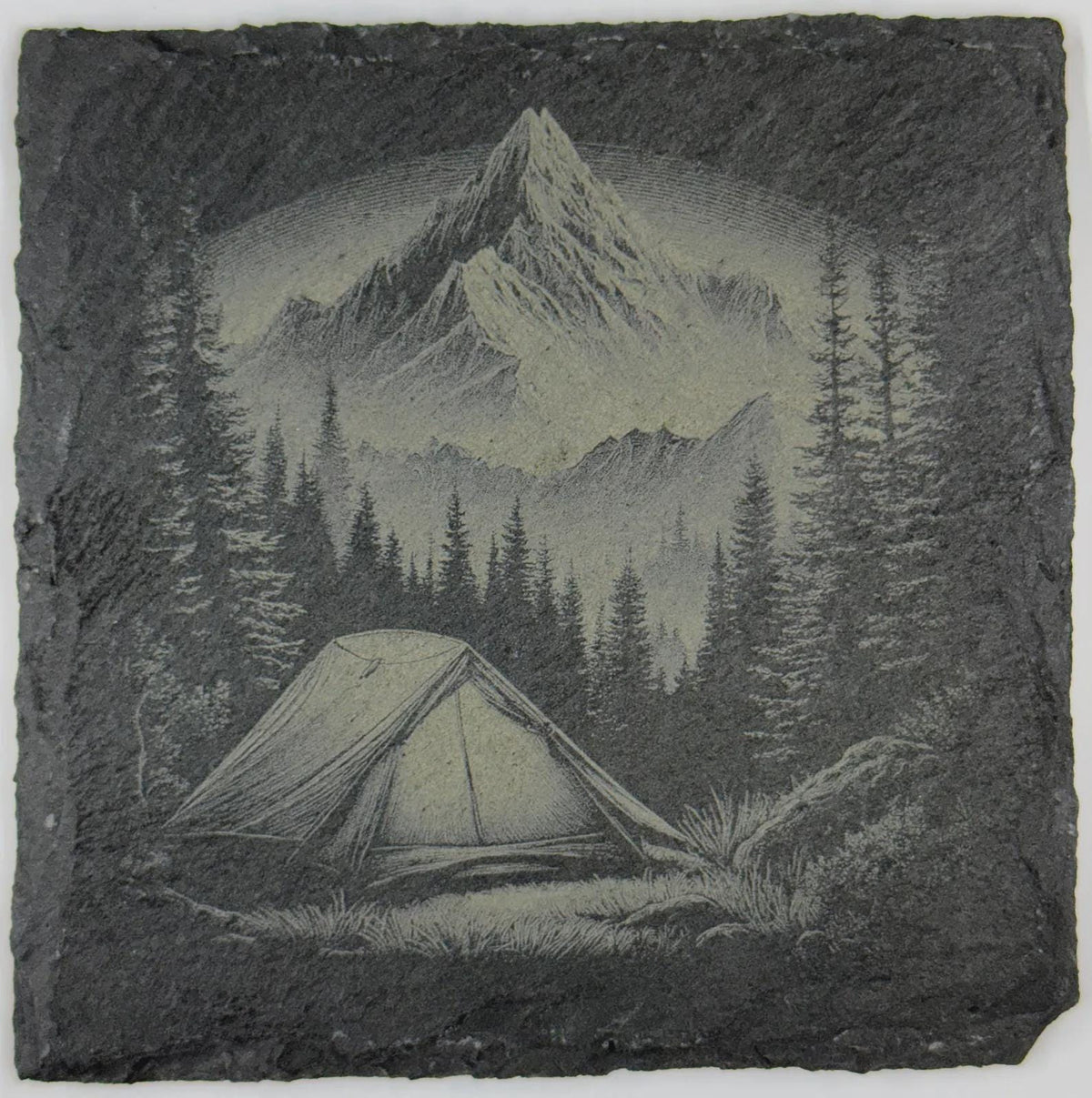 Moonlit Mountain Camp Slate Coaster – Forest Tent Night Scene