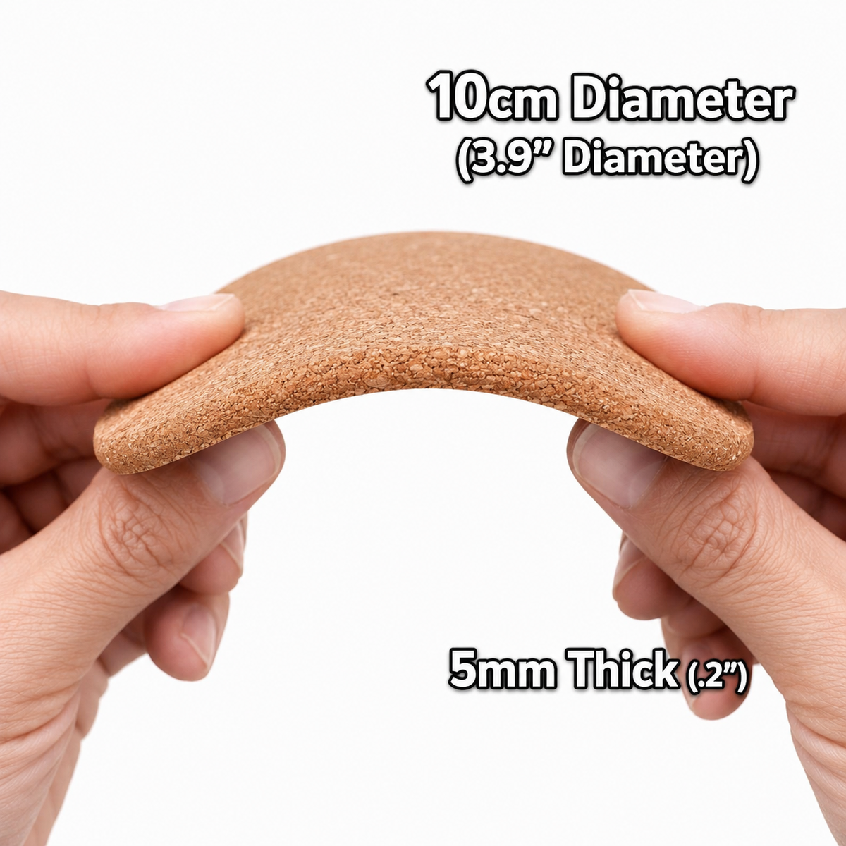 A person's hands holding a flexible, brown object that appears to be a coasters or a similar type of item. The object is described as having a 10cm diameter (3.9") and a 5mm thickness (2").