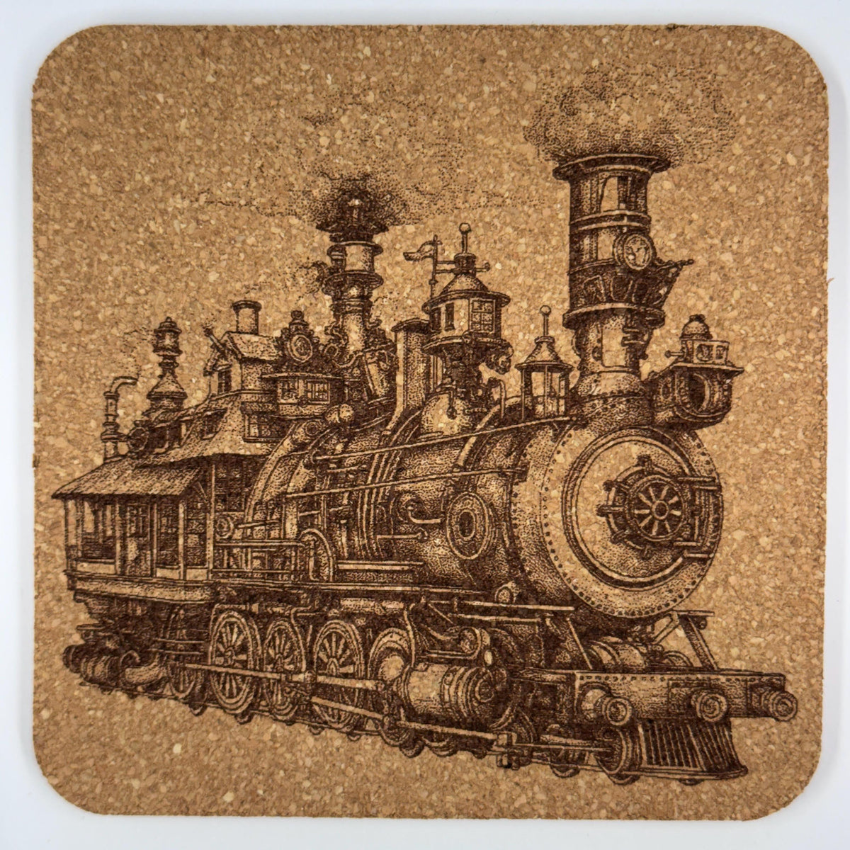 Steampunk Steam Engine with Clockwork Towers – Cork Coaster