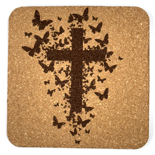 Butterfly Silhouette Cross Laser Engraved Cork Coaster