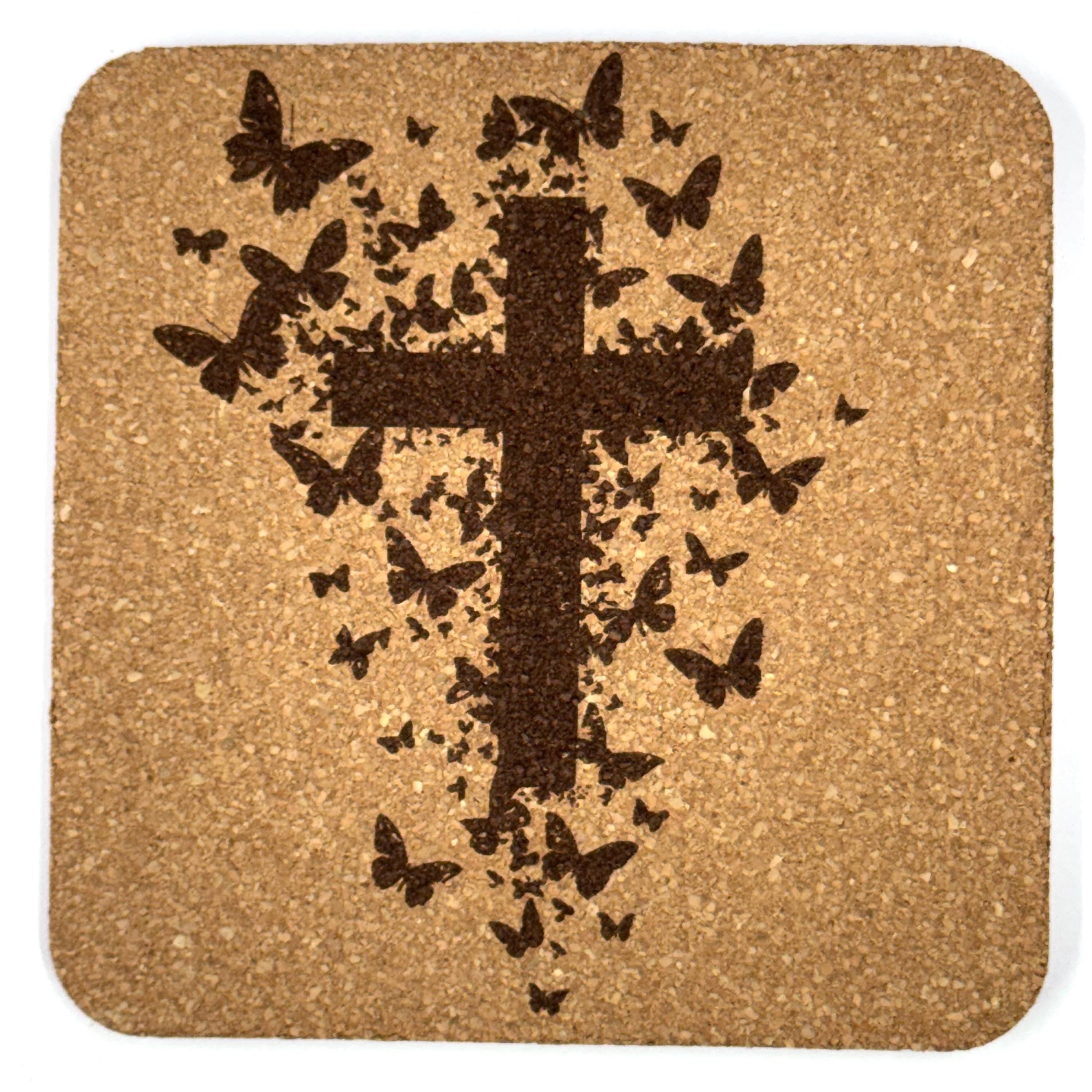 Butterfly Silhouette Cross Laser Engraved Cork Coaster