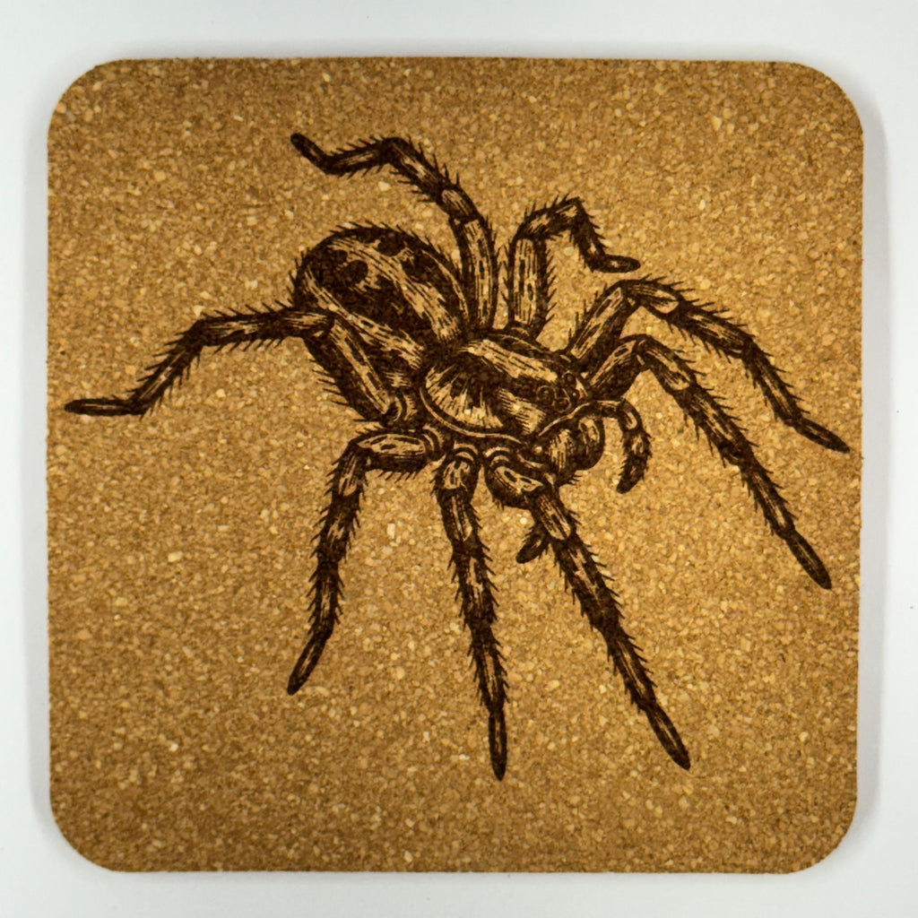 Creepy Hairy Spider Cork Coaster – Engraved Arachnid Art