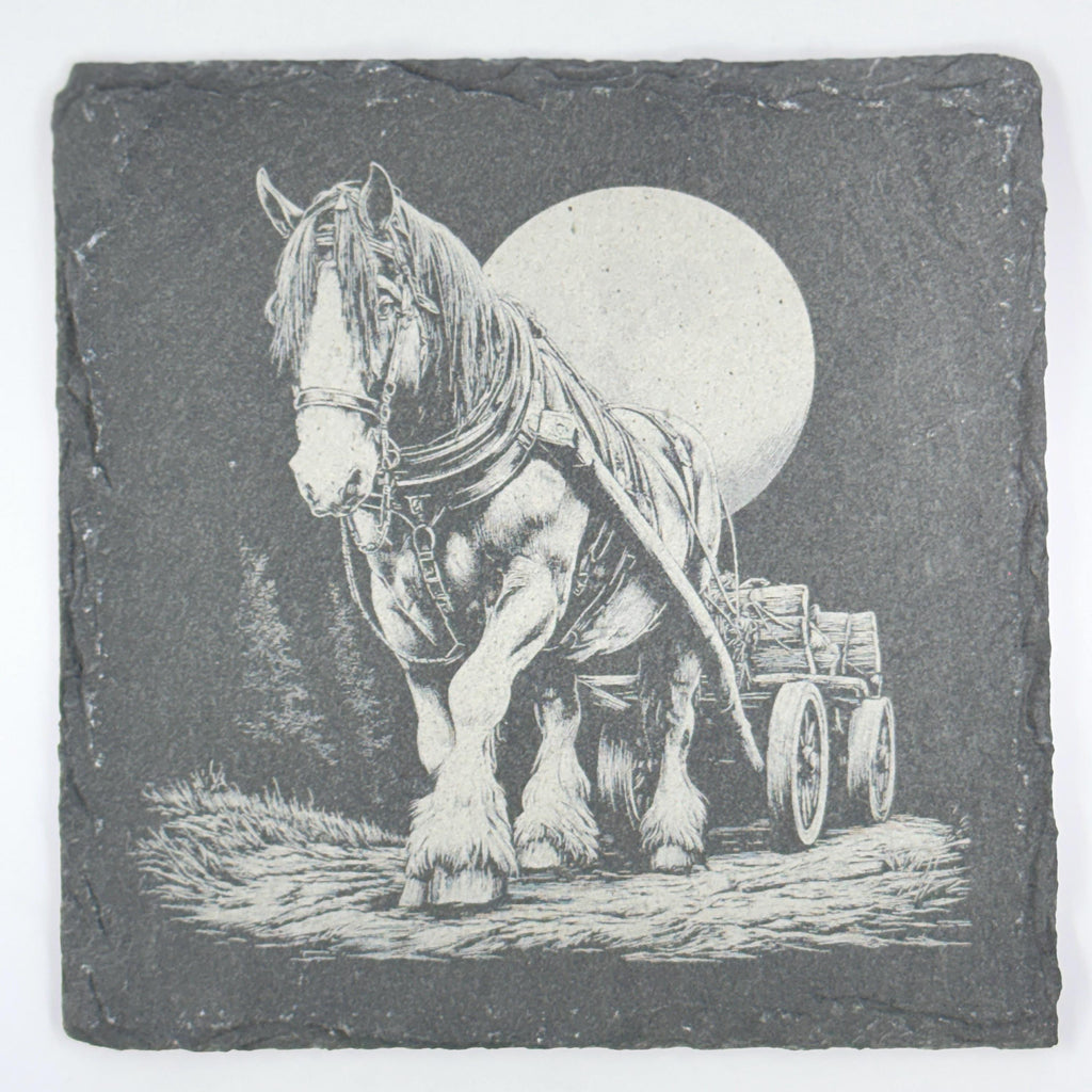 Draft Horse Slate Coaster – Moonlit Farm Wagon Art