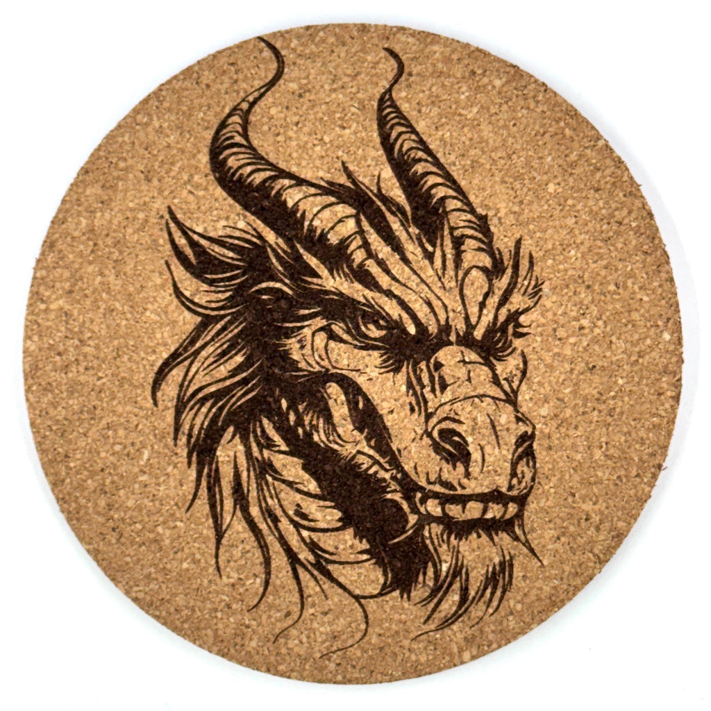 Fierce Horned Dragon Round Cork Coaster – Dark Fantasy Style