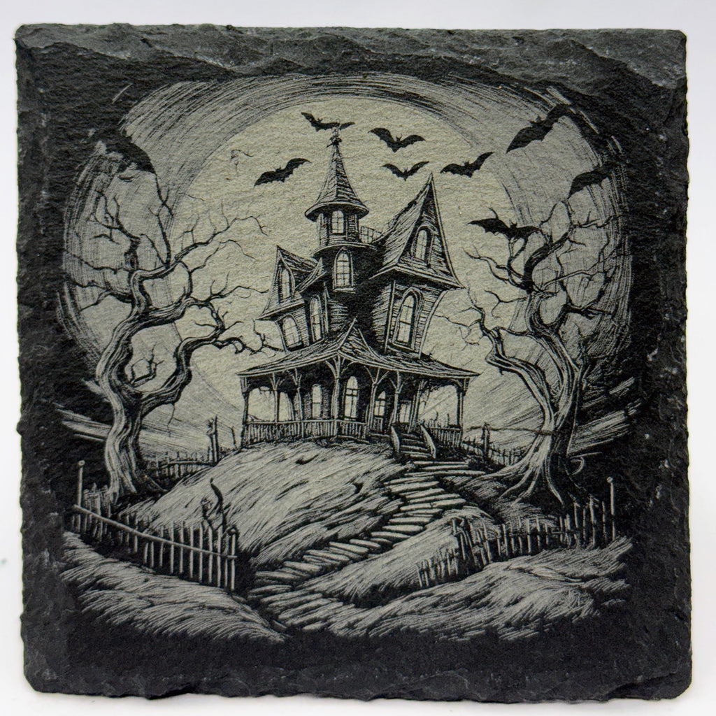 Haunted Cottage and Winding Path – Laser Engraved Slate Coaster