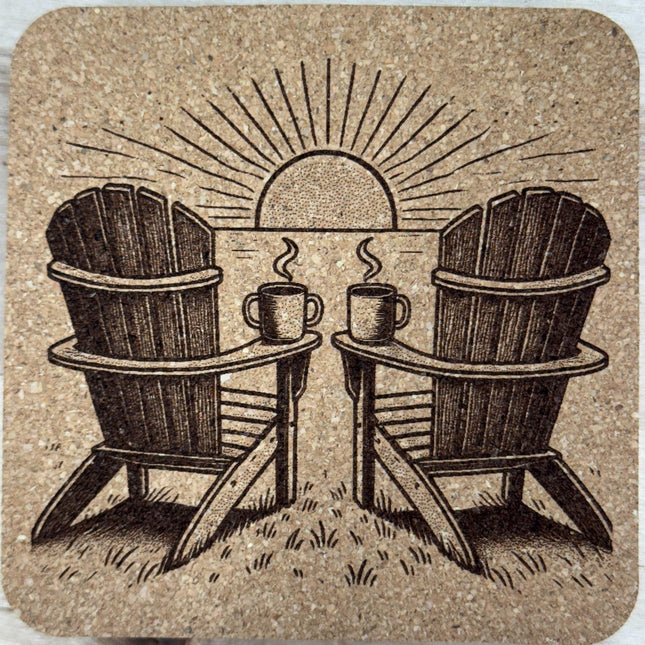 Adirondack Chair Coffee Coaster – Rustic Cork Drink Coaster with Sunrise & Coffee Cups