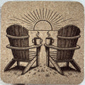 Adirondack Chair Coffee Coaster – Rustic Cork Drink Coaster with Sunrise & Coffee Cups