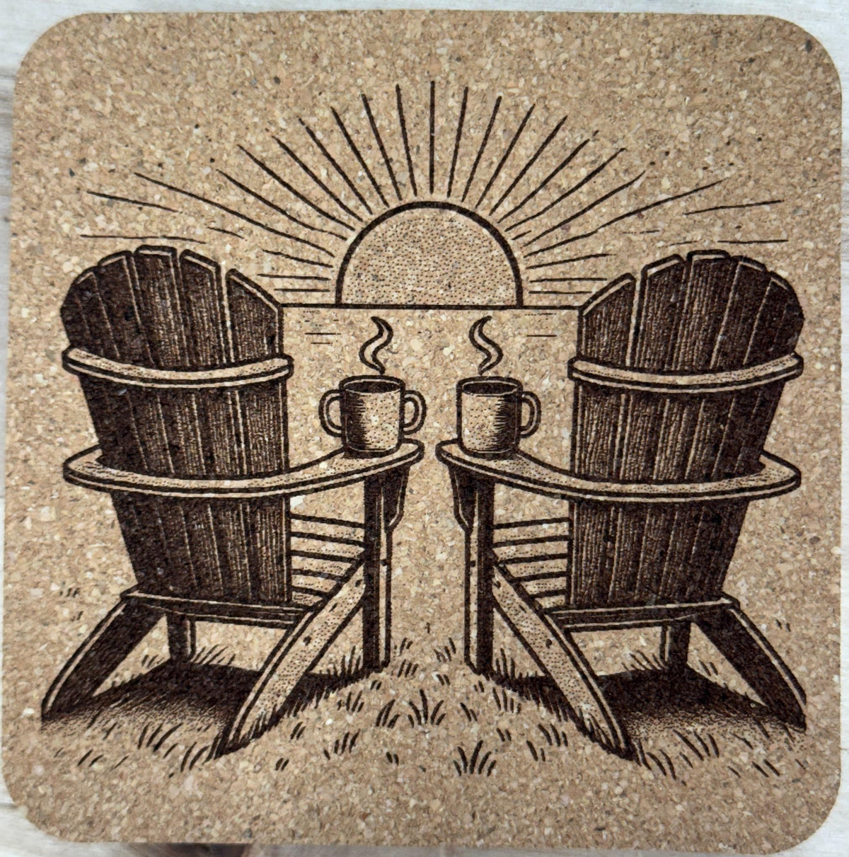 Adirondack Chair Coffee Coaster – Rustic Cork Drink Coaster with Sunrise & Coffee Cups