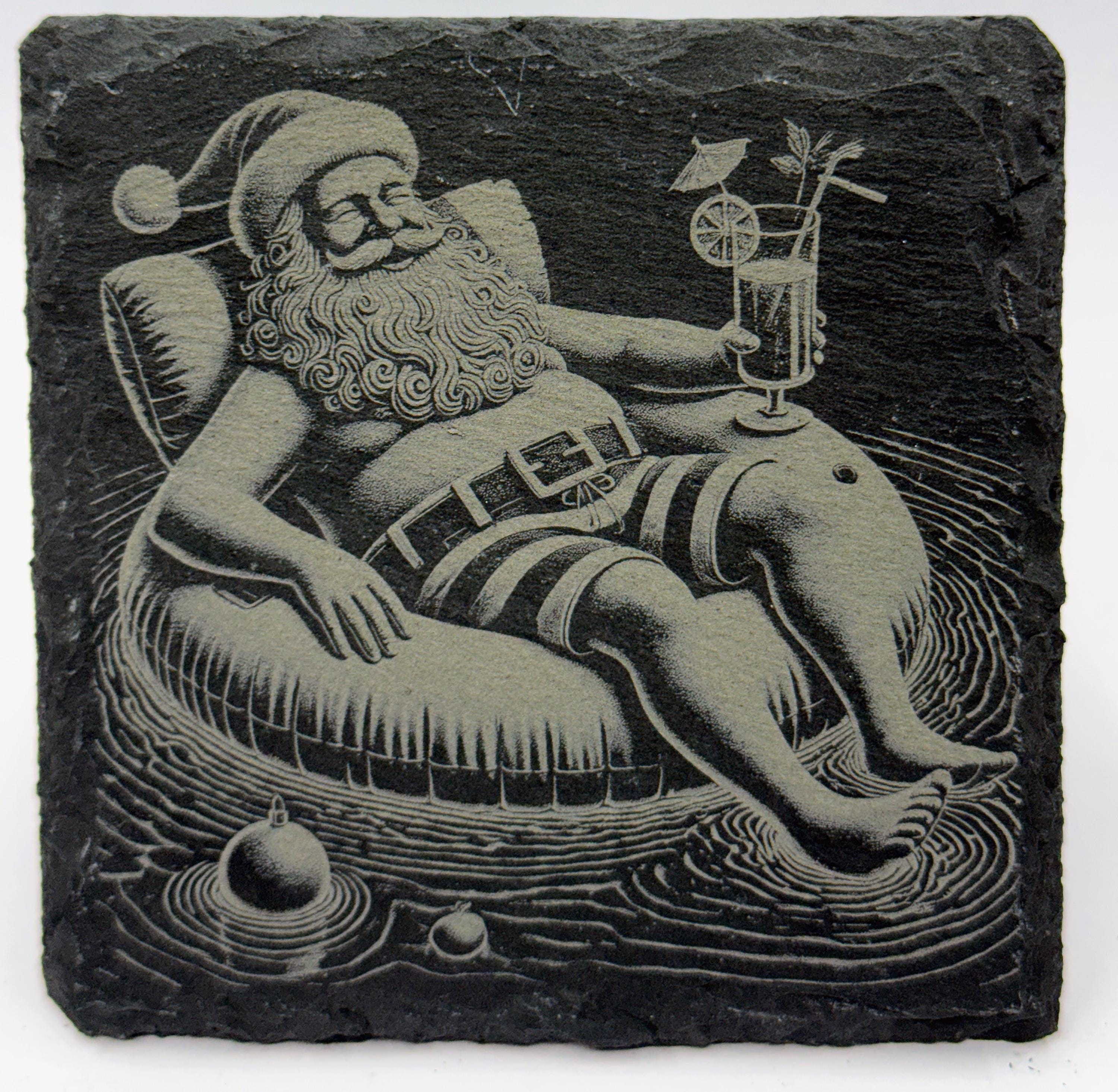 Santa Pool Float Slate Coaster – Relaxed Tropical Santa Holiday Humor