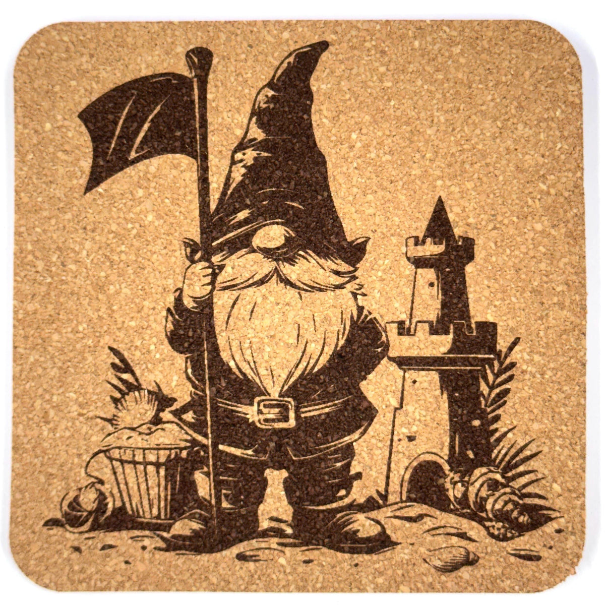 Brave Little Gnome with Flag and Castle – Whimsical Cork Coaster