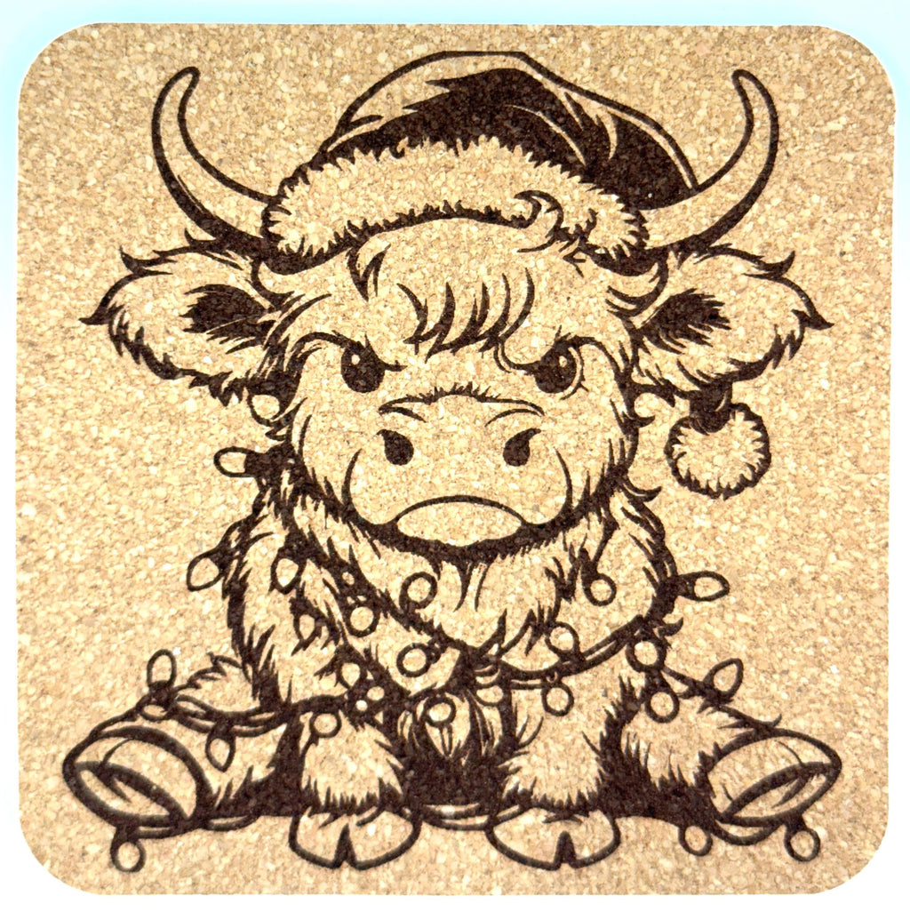 Grumpy Cute Highland Cow Cork Coaster – Santa Hat Holiday Art