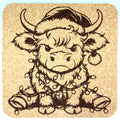 Grumpy Cute Highland Cow Cork Coaster – Santa Hat Holiday Art