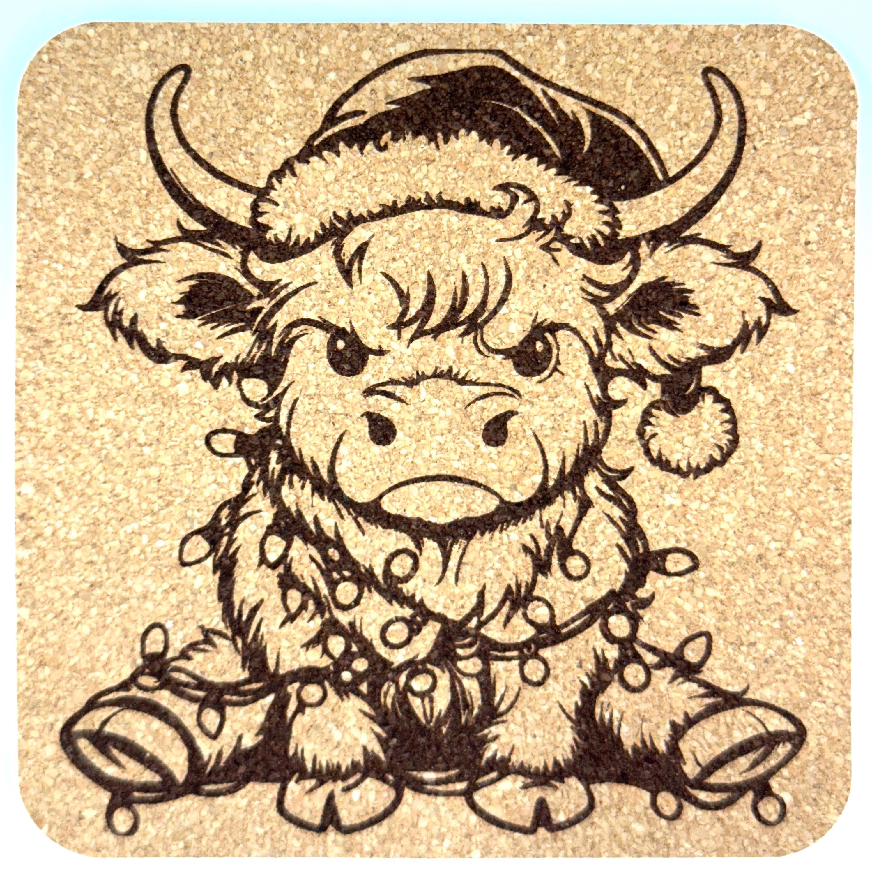 Grumpy Cute Highland Cow Cork Coaster – Santa Hat Holiday Art
