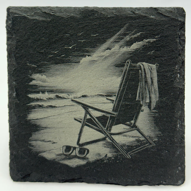 Beach Chair Sunset Slate Coaster – Coastal Relaxation Scene
