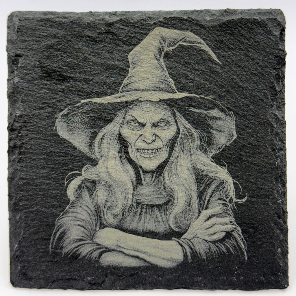 Cold Stare Crone Witch – Laser Engraved Slate Coaster