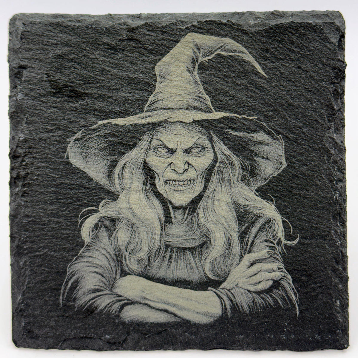 Cold Stare Crone Witch – Laser Engraved Slate Coaster