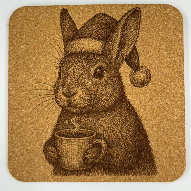 Bunny Enjoying a Warm Drink – Cozy Cork Coaster