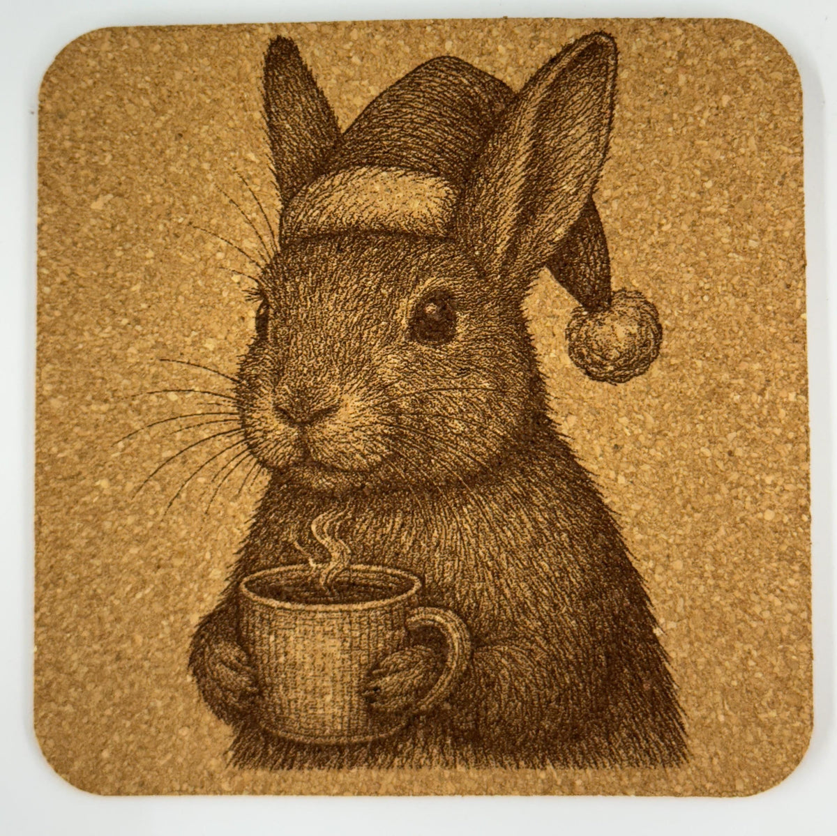 Bunny Enjoying a Warm Drink – Cozy Cork Coaster