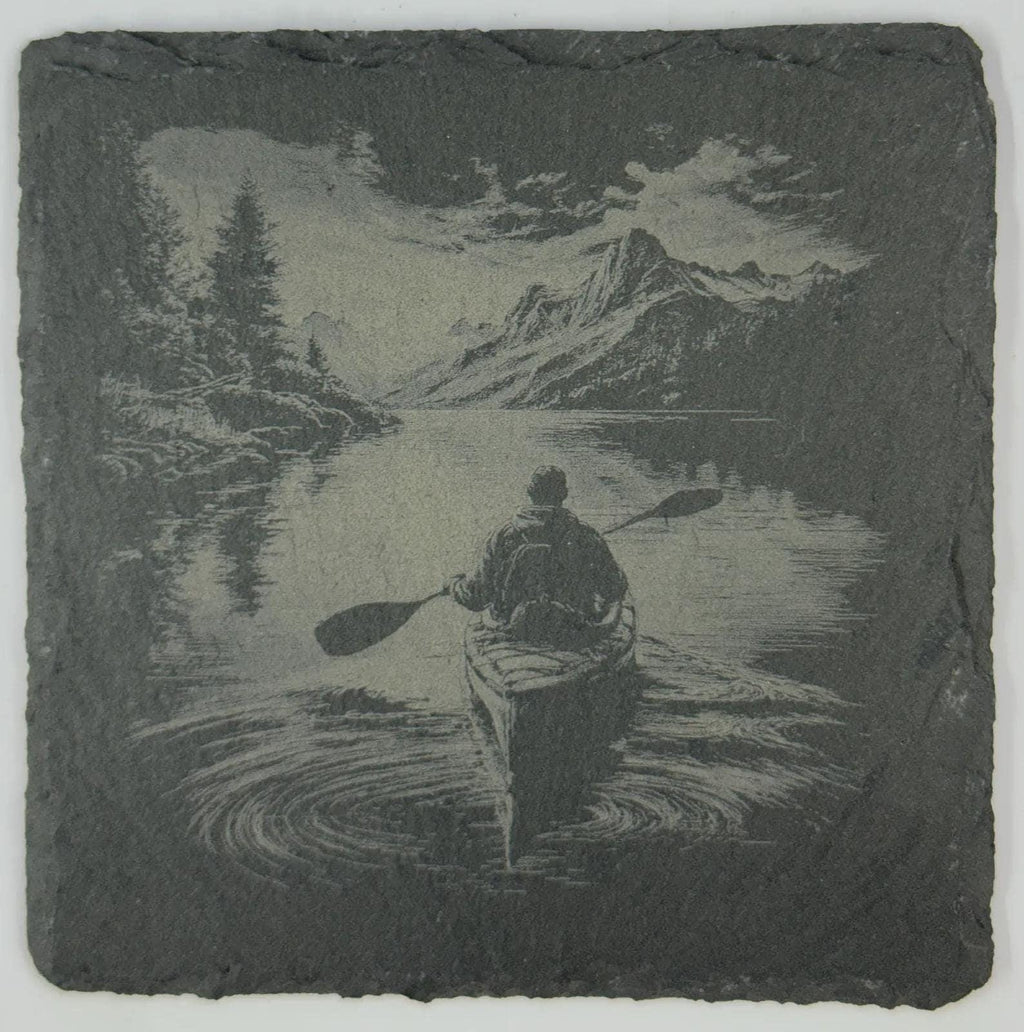 Mountain Lake Kayak Slate Coaster – Alpine Paddling Reflection Scene