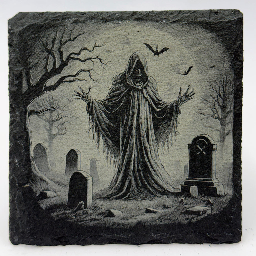 Hooded Graveyard Spirit at Midnight – Laser Engraved Slate Coaster