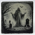 Hooded Graveyard Spirit at Midnight – Laser Engraved Slate Coaster