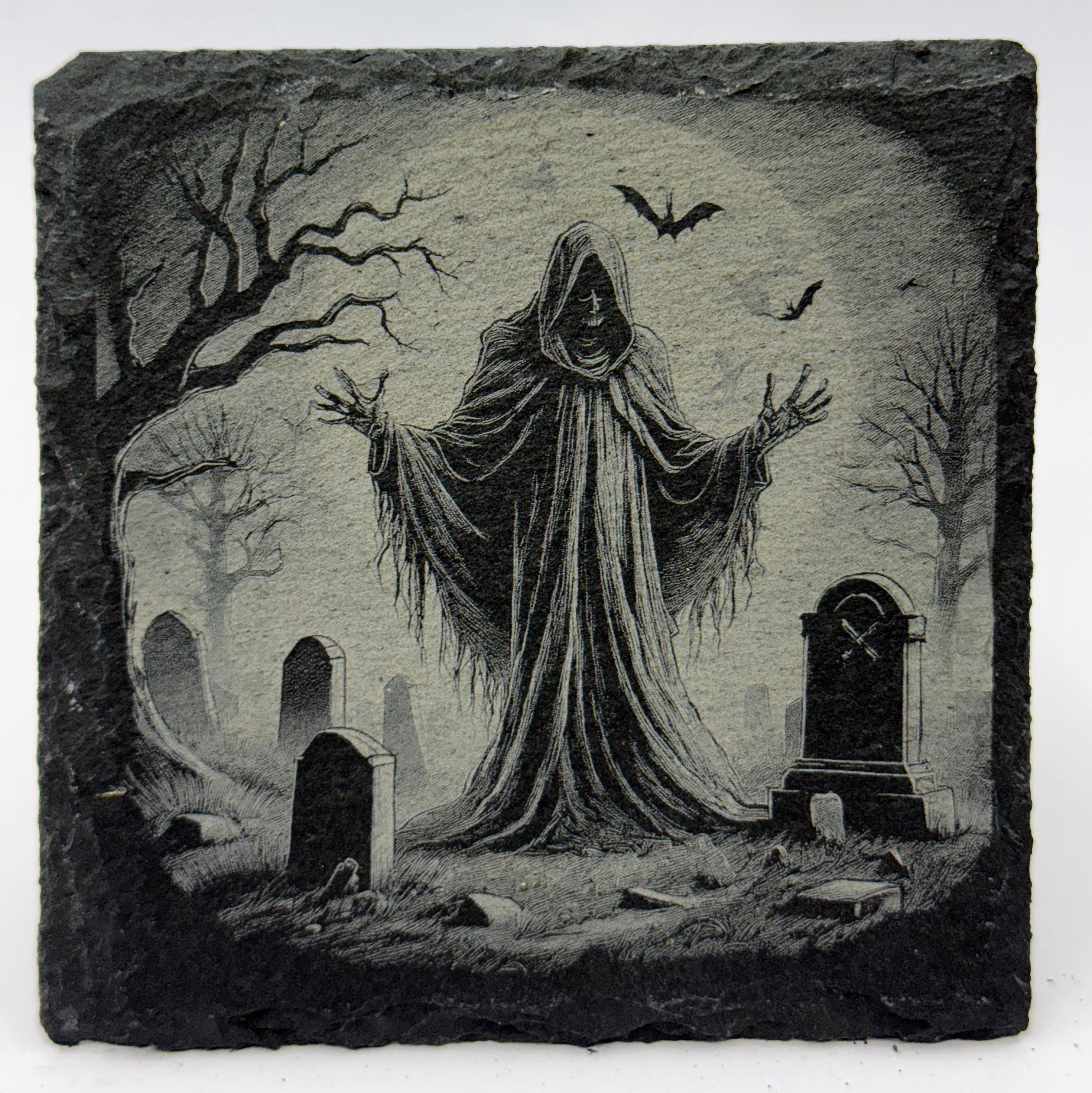 Hooded Graveyard Spirit at Midnight – Laser Engraved Slate Coaster