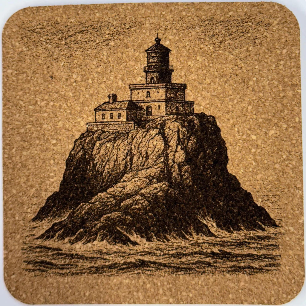 Tillamook Head Lighthouse Coaster – Engraved Cork Drink Coaster with Oregon Coast Scene