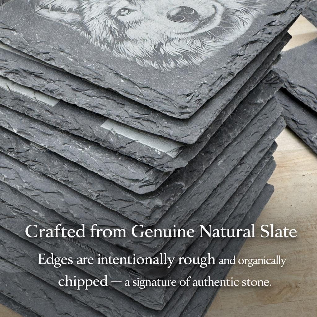 A stack of natural slate coasters with a detailed image of a wolf's face on them.