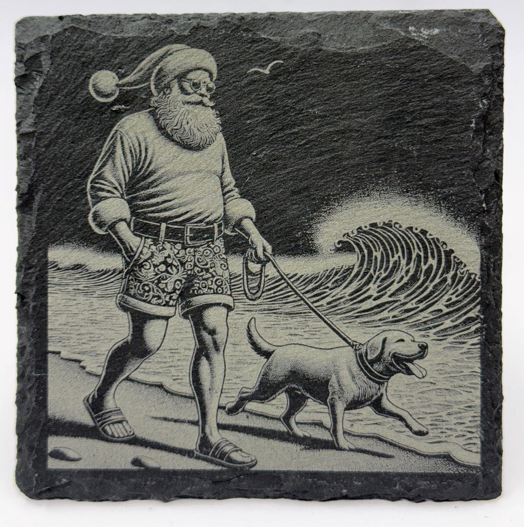 Santa Beach Walk Slate Coaster – Santa Walking Dog Tropical Holiday Art