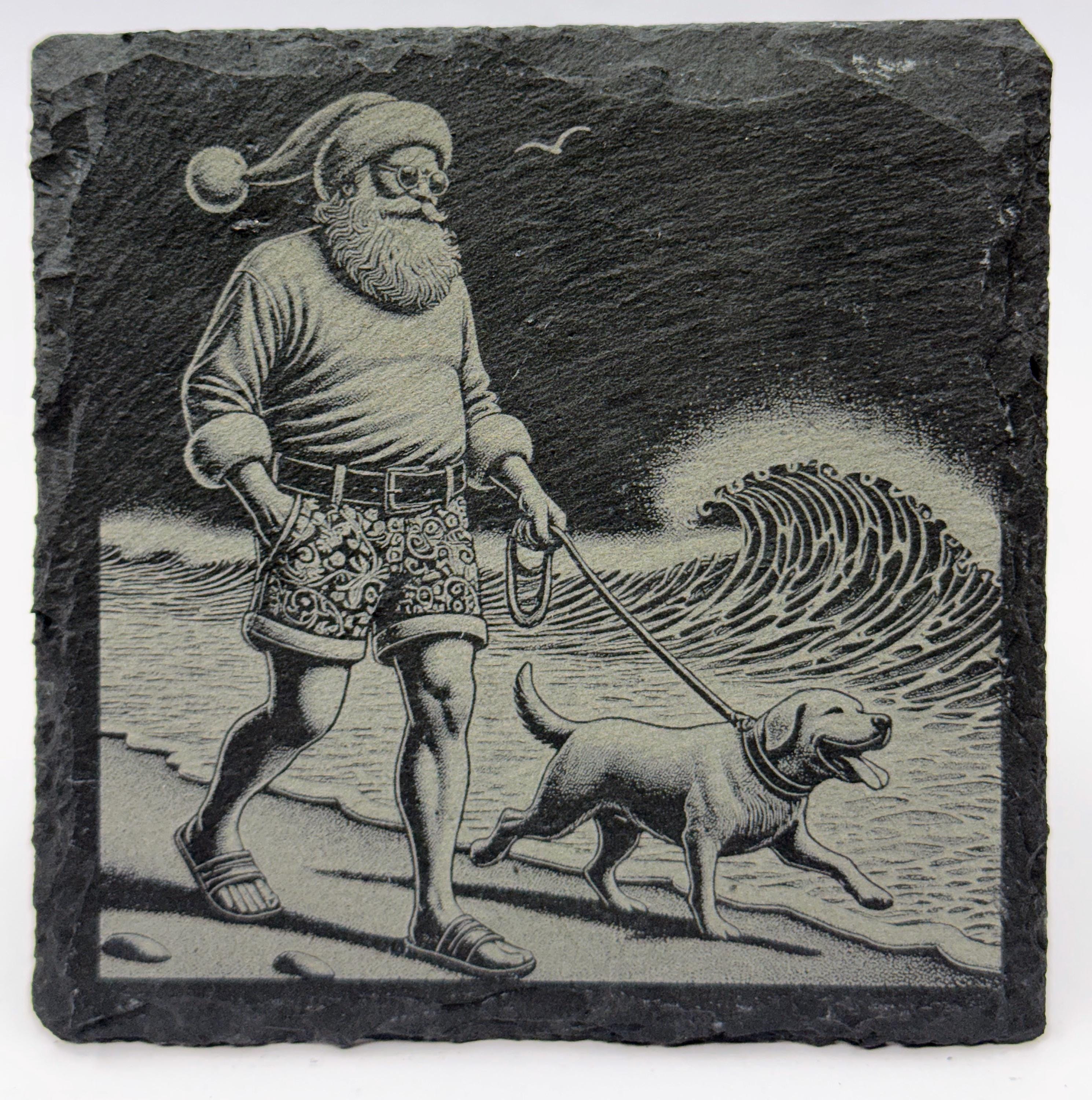 Santa Beach Walk Slate Coaster – Santa Walking Dog Tropical Holiday Art
