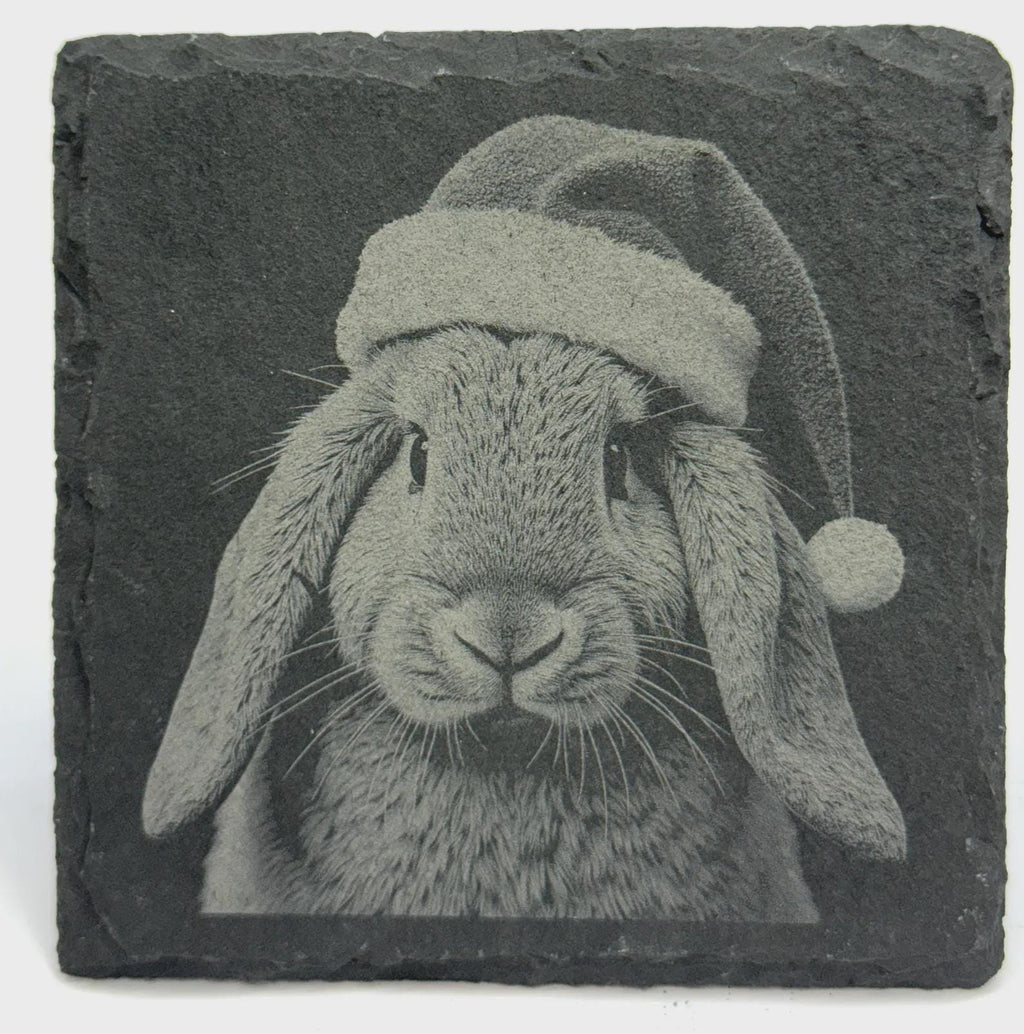 Christmas Bunny Slate Coaster – Rabbit in Santa Hat Holiday Art